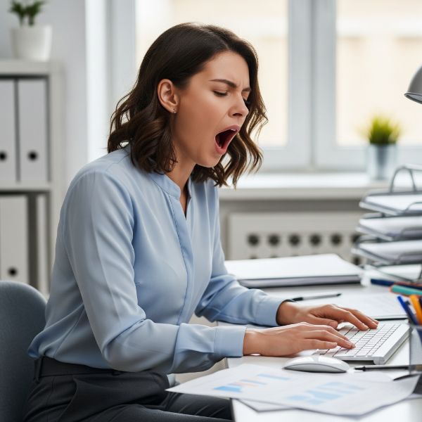 Donna con sonnolenza diurna che sbadiglia mentre lavora al PC