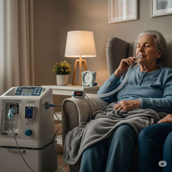 Donna-seduta-in-poltrona-durante-terapia-respiratoria