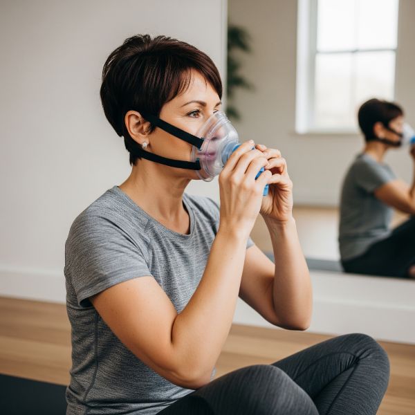 Donna che fa ginnastica respiratoria con pepmask Donna che fa ginnastica respiratoria con pepmask